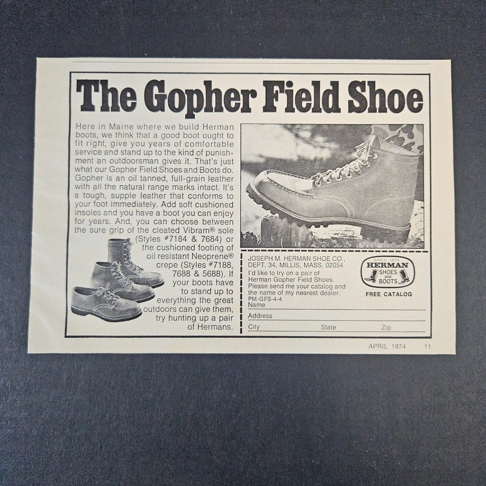 1974 Joseph M Herman Gopher Field Shoe Vintage Print Ad Millis MA Vibram Sole